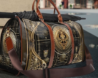 Baroque Beauty Bag PU Leather Bag Black Travel Bag Golden Decorative Cabin Luggage Black Duffle Bag