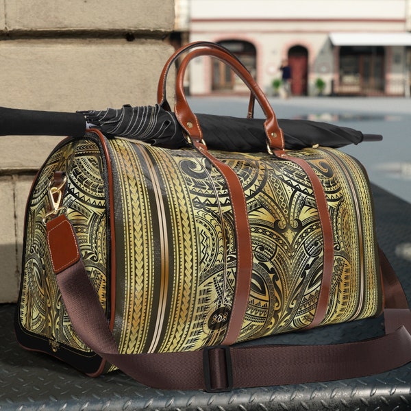 Polynesian Art Bag PU Leather Bag Maori Tattoo Print Bag Tribal Print Luggage Gym Duffle Bag Travel Luggage