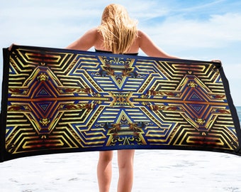 Trendy Gold Blue Beach Towel, Geometric Print Towel, Absorbent & Fast Dry Beach Towel, Summer Style Accessory, Cotton Beach Towel | D20171B