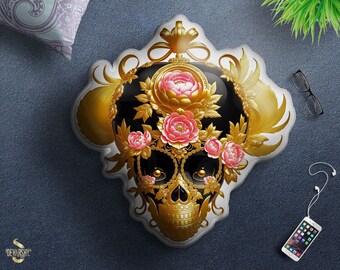 Golden sugar Skull Pillow Custom Shape Cushion Florals Calavera Skull Shaped Pillows in 4 Sizes Irregular shape pillows | X3366