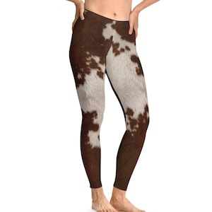 Cow Print Leggings, Women Stretchy Leggings, Animal Print Leggings, Yoga Tights, Cowhide Leggings, Casual Wear Brown Leggings | 11222