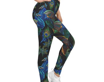 Blue Peacock Leggings, Women Casual Wear, Stretchy Leggings, Active wear, Peacock Print Leggings, Yoga Fitness Tights, Lounge Wear | D20029