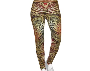 Maori Art Leggings, Women Bottom Wear, Burgundy Leggings, Casual Stretchy Leggings, Tribal Art Leggings, Active wear Yoga Tights | 100531