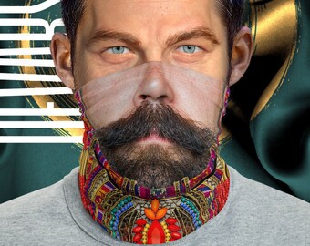 Man With Moustache Neck Gaiter, Realistic Man Face Mask, Social Distance Fabric Face Cover, PF - 11112