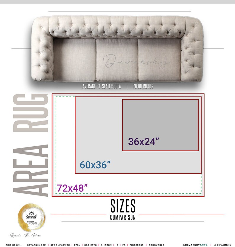 May include: A top-down view of a beige tufted three-seater sofa and a size comparison chart for area rugs. The chart displays three rectangular outlines labeled with dimensions 36x24 inches, 60x36 inches, and 72x48 inches, alongside the text AREA RUG SIZES.