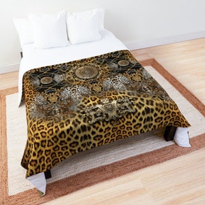 Housse de couette en satin de coton à imprimé léopard baroque avec fermeture à glissière | 4 tailles | Housse de couette à imprimé animal | RB0002
