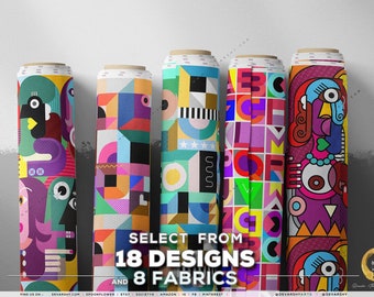 May include: Five fabric samples with colorful geometric and abstract designs. The text "SELECT FROM 18 DESIGNS AND 8 FABRICS" is printed below the samples.