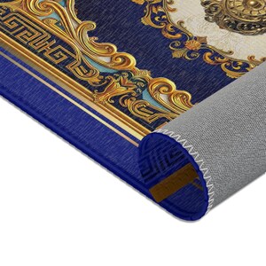 Royal Blue Area Rug, Baroque Blue Carpet, Printed Area Rug, Bedroom Carpet, Chenille Area Rug, Ornate Blue Carpet
