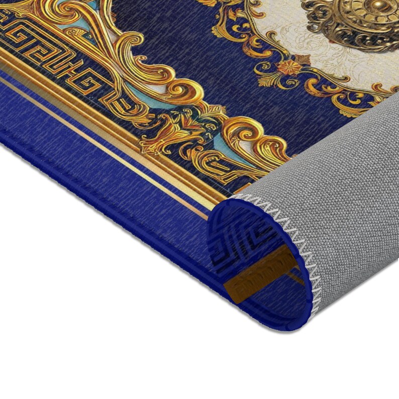 Royal Blue Area Rug, Baroque Blue Carpet, Printed Area Rug, Bedroom Carpet, Chenille Area Rug, Ornate Blue Carpet