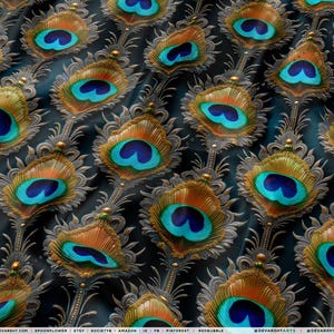 Peacock Feather Pattern Fabric, Combed Cotton Pima Fabric by the Yard, Spun Poly Fabric, Peacock Fabric, Apparel/ Quilting Fabric | D20483