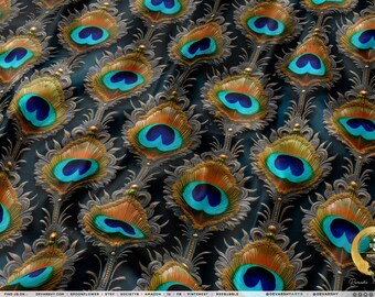 Peacock Feather Pattern Fabric, Combed Cotton Pima Fabric by the Yard, Spun Poly Fabric, Peacock Fabric, Apparel/ Quilting Fabric | D20483