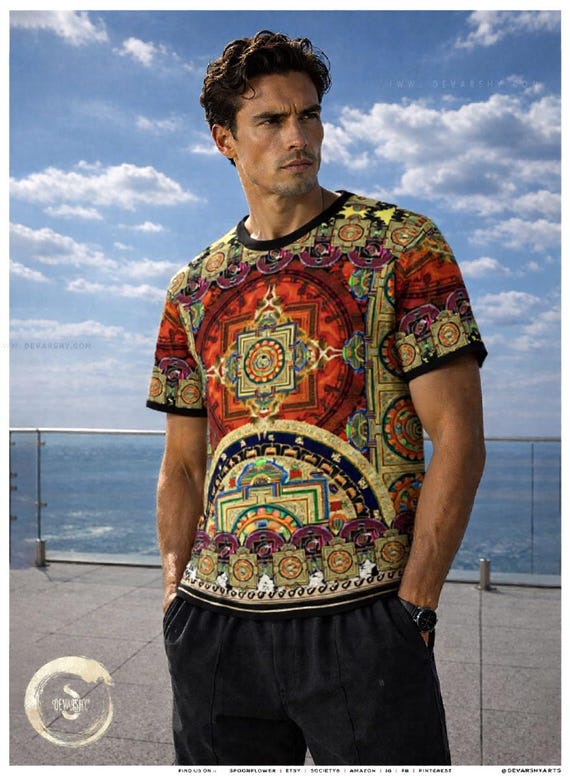 Thangka Painting Cotton T-Shirt, Unisex Casual Wear, Tibetan Art Summer Tee, Graphic T-Shirt, Streetwear Style, Everyday Wear Tee | 104998