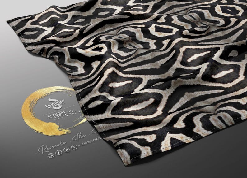 May include: A black and white zebra print textile with a wavy pattern. The fabric is draped, showing the texture and design. The logo of 'DEVARSHY PRINTS' is visible in the lower left corner.