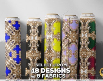 May include: Six fabric swatches with intricate gold and white patterns on different colored backgrounds. The swatches are arranged vertically and labeled "SELECT FROM 18 DESIGNS AND 8 FABRICS".