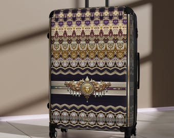 Vintage Pattern Suitcase, Travel Luggage, Hard Shell Carry-on, Baroque Medallion Bag, Designer Travel Accessory, Jetsetters Gear | 105004