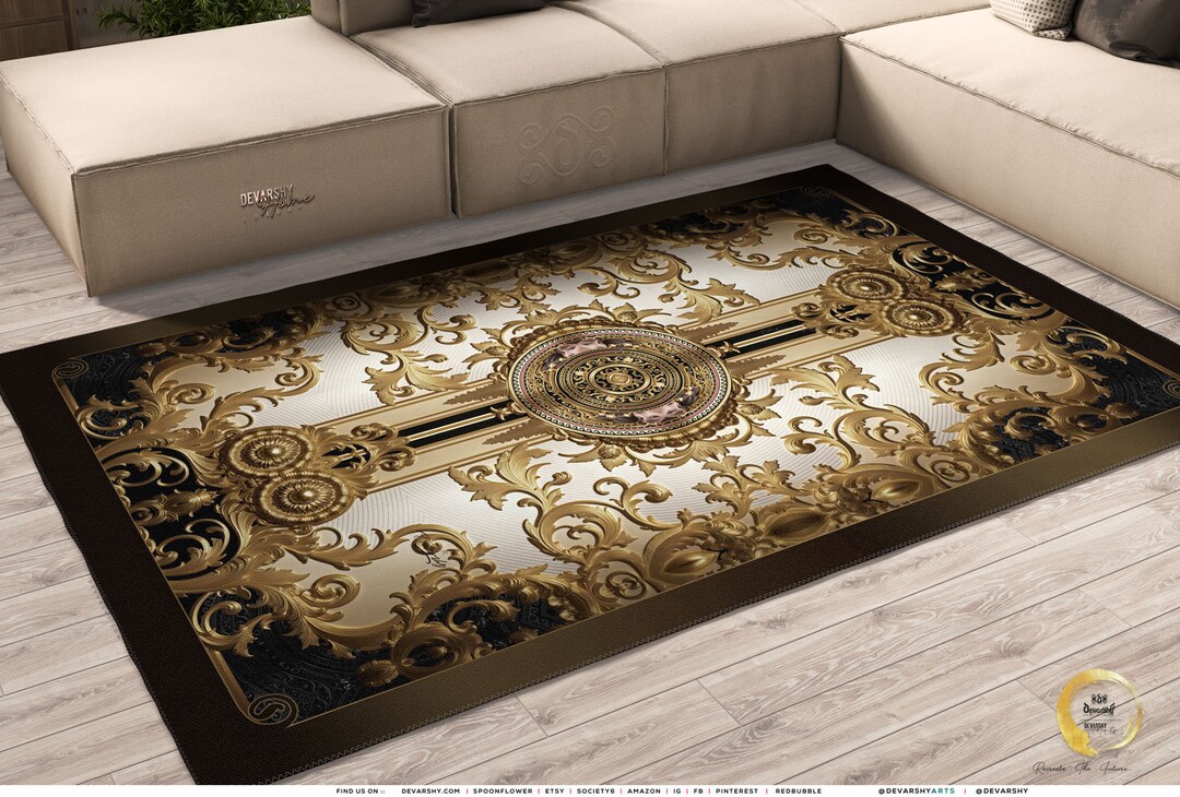 Rectangular Rug Emblem Royal Emblem Area Rug Baroque Golden Carpet in 3 Sizes Bedroom Rug ...