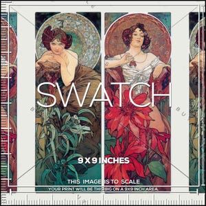 Könnte beinhalten: Kunstdruck im Jugendstil mit zwei Tafeln mit Frauen und floralen Elementen. Der Text "SWATCH" ist auf dem Bild überlagert. Der Druck ist 22,86 x 22,86 cm groß, wie durch den Text "9X9 INCHES" angegeben. Das Bild ist maßstabsgetreu.