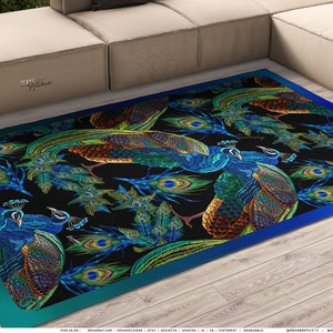 BLUE Peacock Area Rug Peacock Print Carpet Chenille Bedroom Rugs in 3 Sizes | D20029