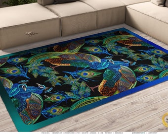 BLUE Peacock Area Rug Peacock Print Carpet Chenille Bedroom Rugs in 3 Sizes | D20029