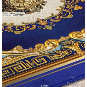 Royal Blue Area Rug, Baroque Blue Carpet, Printed Area Rug, Bedroom Carpet, Chenille Area Rug, Ornate Blue Carpet
