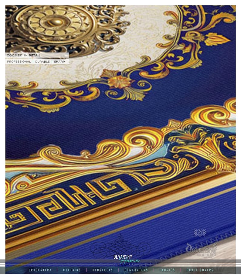 Royal Blue Area Rug, Baroque Blue Carpet, Printed Area Rug, Bedroom Carpet, Chenille Area Rug, Ornate Blue Carpet
