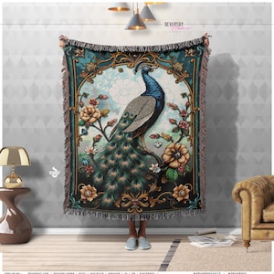 Floral Peacock Woven Blanket, Cotton Throw Blanket, Peacock Blanket, Woven Wall Tapestry, Luxury Woven Bedding, Cotton Blanket | X3500