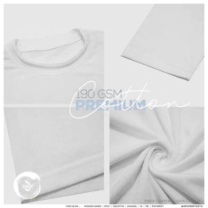 May include: A plain white t-shirt featuring a crew neckline, short sleeves, and a hemmed bottom edge. The fabric is labeled as 190 GSM premium 100% cotton. The image displays multiple close-up views of the white textile texture and construction.