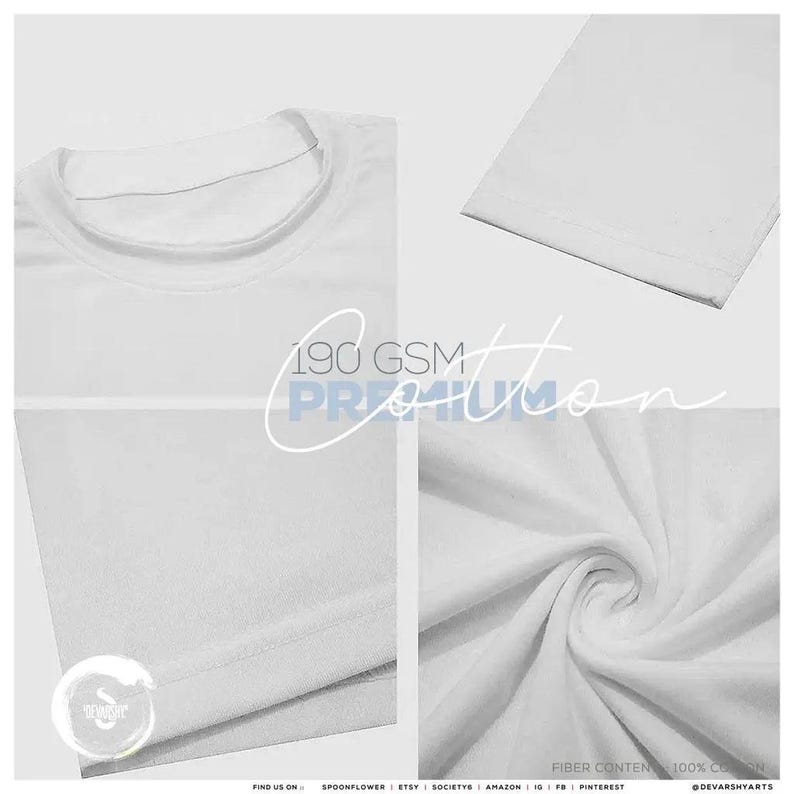 May include: A plain white t-shirt featuring a crew neckline, short sleeves, and a hemmed bottom edge. The fabric is labeled as 190 GSM premium 100% cotton. The image displays multiple close-up views of the white textile texture and construction.