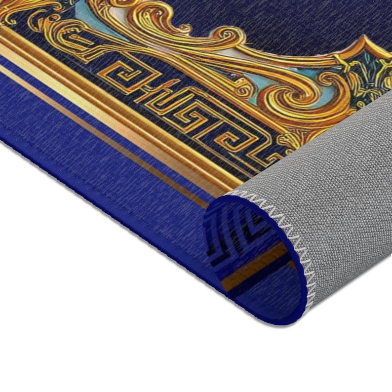 Royal Blue Area Rug, Baroque Blue Carpet, Printed Area Rug, Bedroom Carpet, Chenille Area Rug, Ornate Blue Carpet