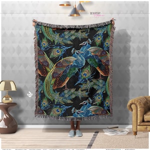 Blue Peacock Woven Blanket, Cotton Woven Bedding, Artistic Home Décor, Peacock Woven Blanket, Fringes Throw Blanket, Best Gift | D20029
