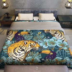 Tropical Animals 100% Cotton Sateen Duvet Cover with Zipper | King, Queen, Full, Twin Tiger Duvet Cover | RB0094