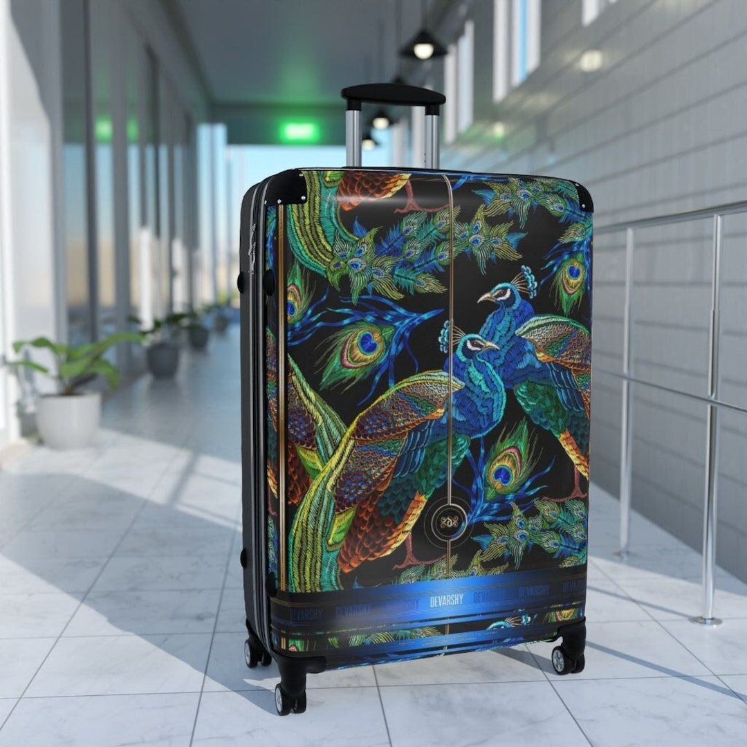 Blue Peacocks Suitcase 3 Sizes Carryon Suitcase Peacock Print Luggage Hard Shell Suitcase Gift