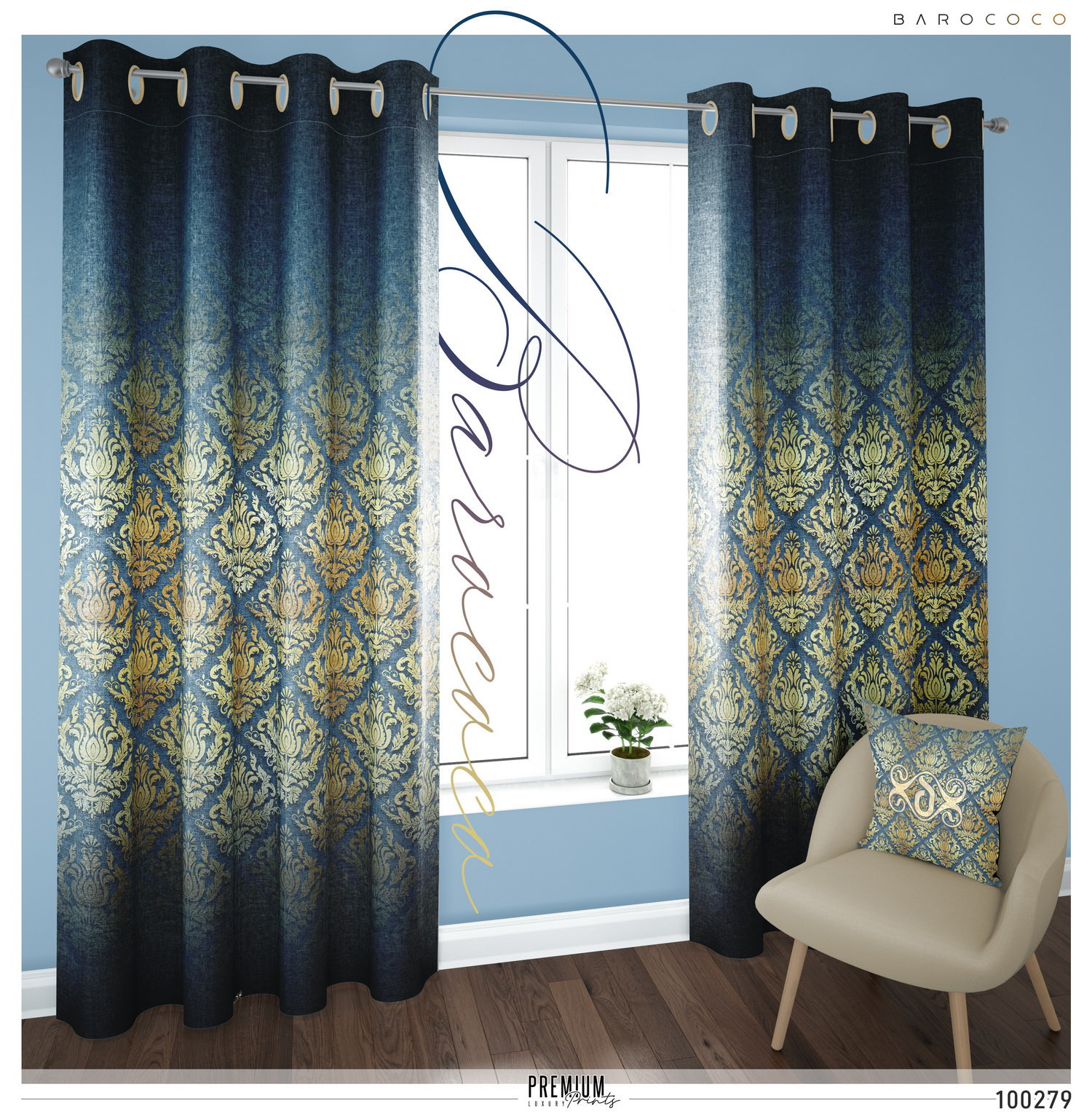 Decorative Blue Damask Print PREMIUM Curtain Panel. Available Etsy