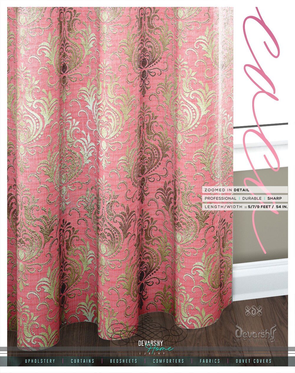 Decorative Damask Pink PREMIUM Curtain Panel. Available on 12 Etsy UK