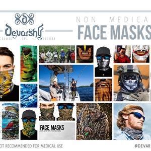 May include: A collage of images showcasing various non-medical face masks with different designs. The masks feature a variety of patterns, including camouflage, animal prints, and abstract designs. The text "NON MEDICAL FACE MASKS" is displayed at the top of the collage. The text "FORMAX SUN PROTECTION" is displayed below a mask with a camouflage pattern. The text "THIS IS NOT RECOMMENDED FOR MEDICAL USE" is displayed at the bottom of the collage.