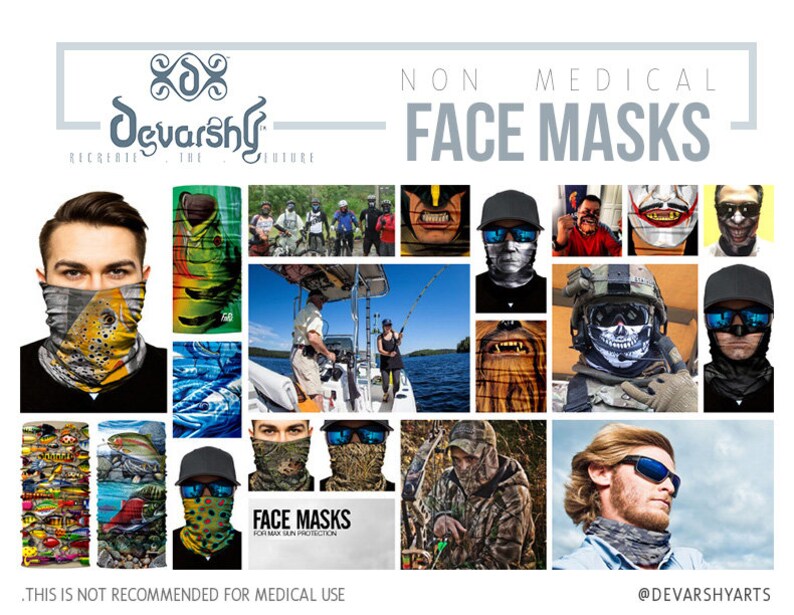 May include: A collage of images showcasing various non-medical face masks with different designs. The masks feature a variety of patterns, including camouflage, animal prints, and abstract designs. The text "NON MEDICAL FACE MASKS" is displayed at the top of the collage. The text "FORMAX SUN PROTECTION" is displayed below a mask with a camouflage pattern. The text "THIS IS NOT RECOMMENDED FOR MEDICAL USE" is displayed at the bottom of the collage.