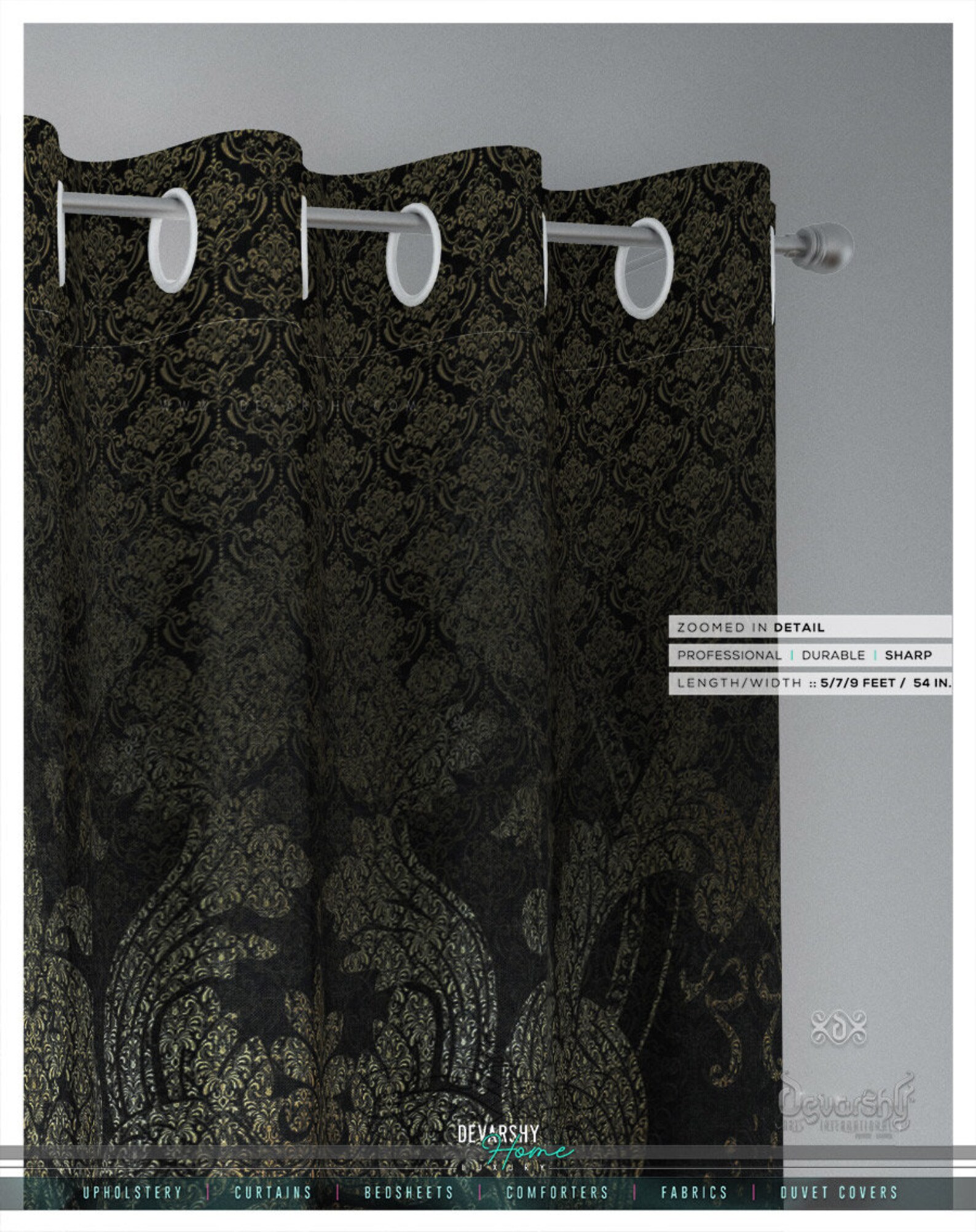 Luxurious Black Damask PREMIUM Curtain Panel. Available on 12 Etsy UK