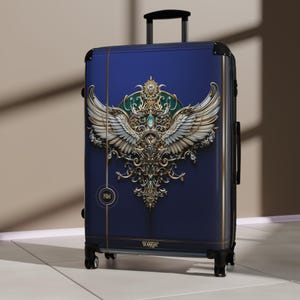 Winged Emblem Suitcase, Navy Blue Luggage, Baroque Wings Bag, Hard Shell Carry-on, Jetsetters Travel Gear, Stylish Travel Accessory | 104946