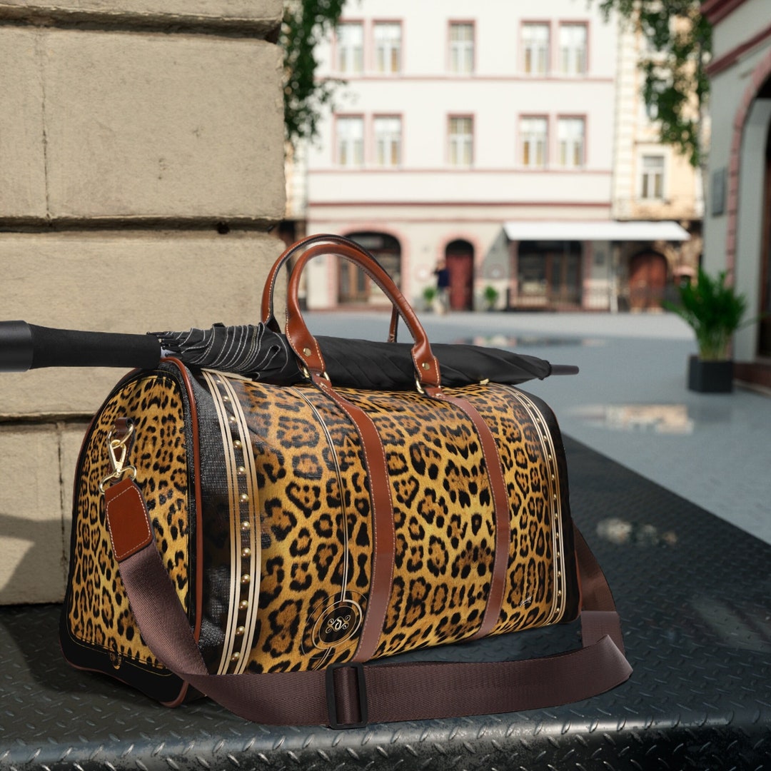 Leopard Print Duffle Bag, Faux Leather Handles, Nylon Travel