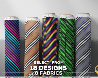 May include: Five rolls of fabric with various diagonal stripe patterns in vibrant colors. The rolls are labeled with the text "SELECT FROM 18 DESIGNS AND 8 FABRICS". The color schemes include rainbow, green, blue, and brown.