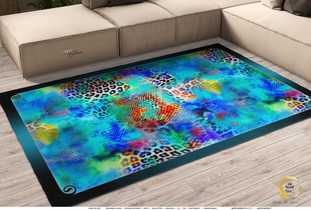 Leopard Print Turquoise Area Rug Animal Print Carpet Turquoise Bedroom ...