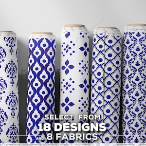 May include: Five rolls of fabric featuring diverse blue and white patterns. Designs include floral, geometric, and abstract motifs. The image text states "SELECT FROM 18 DESIGNS AND 8 FABRICS".