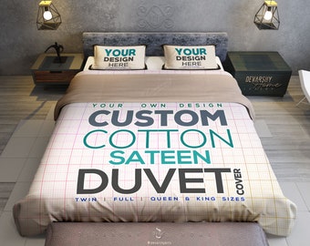 CUSTOM Design COTTON Sateen Duvet Cover + Pillow Shams 4 Sizes Duvet Personalized Bedding Print Your Design on Organic Cotton