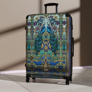 Turquoise Peacock Suitcase, Luxury Carry On Travel Bag, Elegant Peacock Print Luggage, Boho Wanderlust, Stylish Jetsetter Accessory | D20160