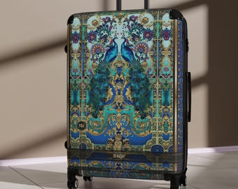 Maleta turquesa con estampado de pavo real, bolso de mano de lujo, elegante equipaje con estampado de pavo real, accesorio bohemio para viajeros, accesorio elegante para viajeros / D20160