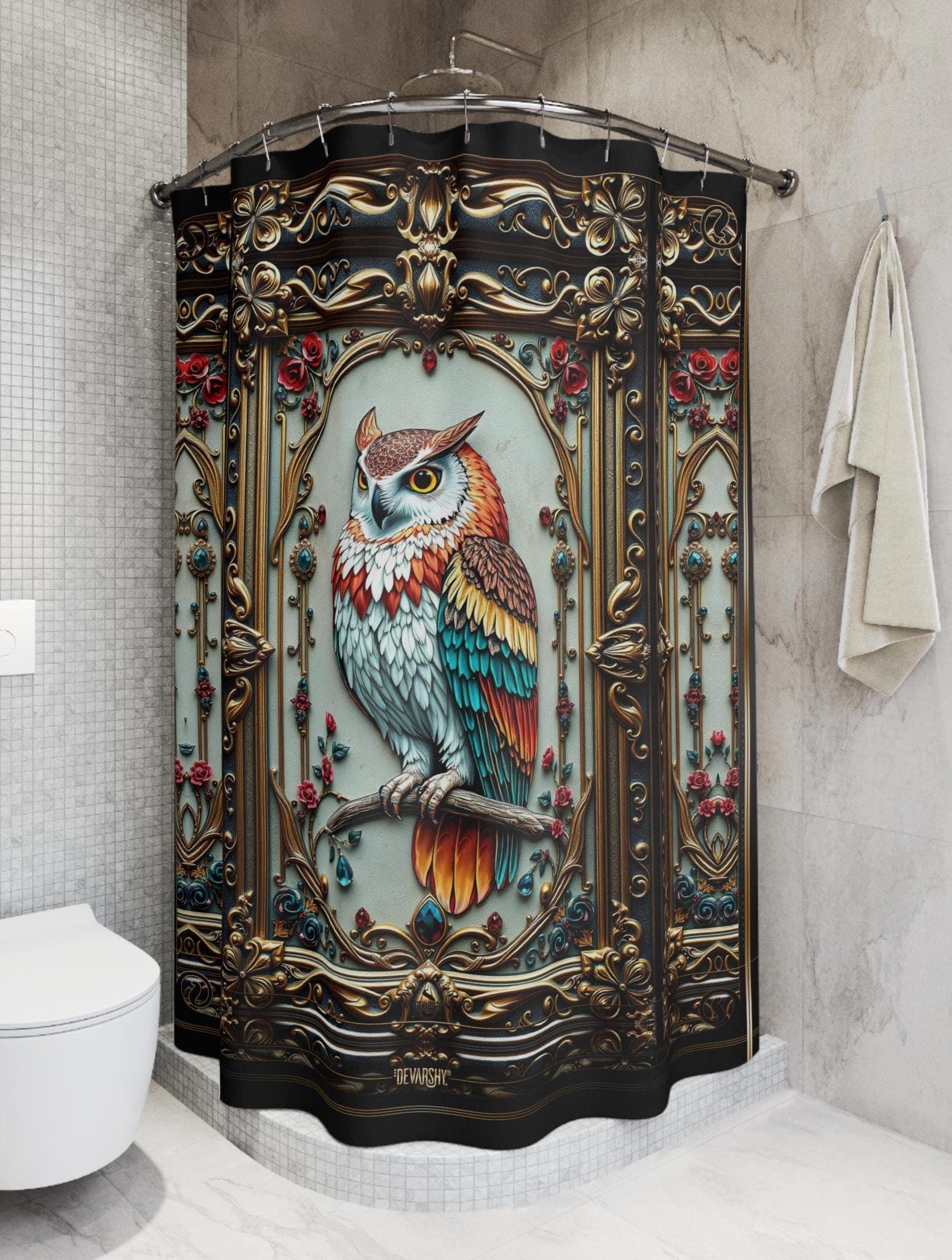 Owl Bird Shower Curtain, Baroque Bathroom Curtain, Owl Lovers Gift, Decorative Shower Curtain, Owl P