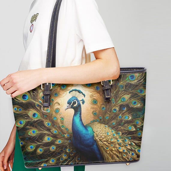 Borsa Donna Fatta A Mano Con Ricamo Pavone – Tracolla In Tela E Sintetico, Blu Scuro