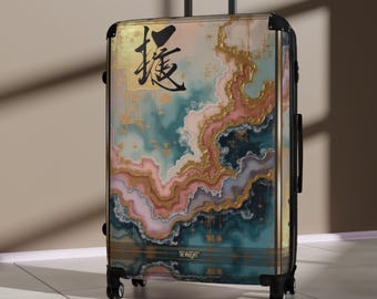 Oriental Art Suitcase, Abstract Art Luggage, Hard Shell Carry-on, Stylish Travel Accessory, Impasto Gold Jetsetters Travel Gear | 154023