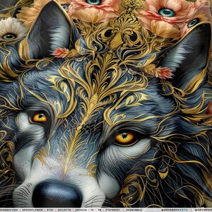 May include: Close-up of a wolf's face with intricate gold filigree and floral accents. The wolf's fur is a mix of dark blue and white, with bright yellow eyes. The background is black, with peach and white flowers.
