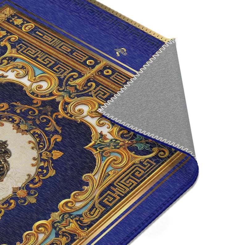 Royal Blue Area Rug, Baroque Blue Carpet, Printed Area Rug, Bedroom Carpet, Chenille Area Rug, Ornate Blue Carpet